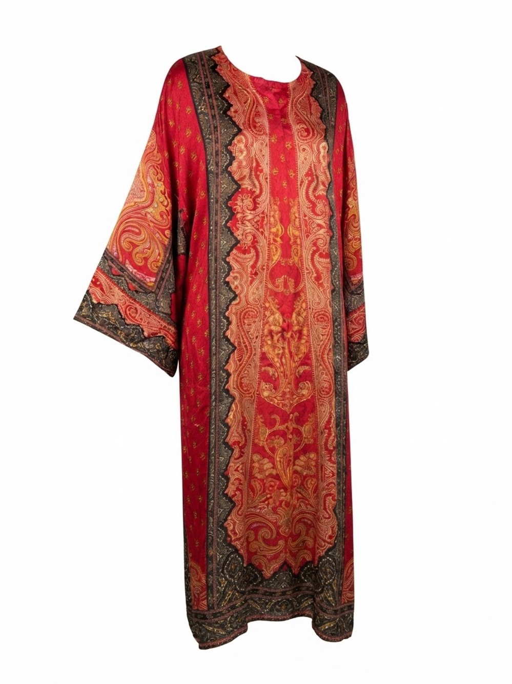 intricately printed red kaftan featuring traditional paisley maxi dress lounge